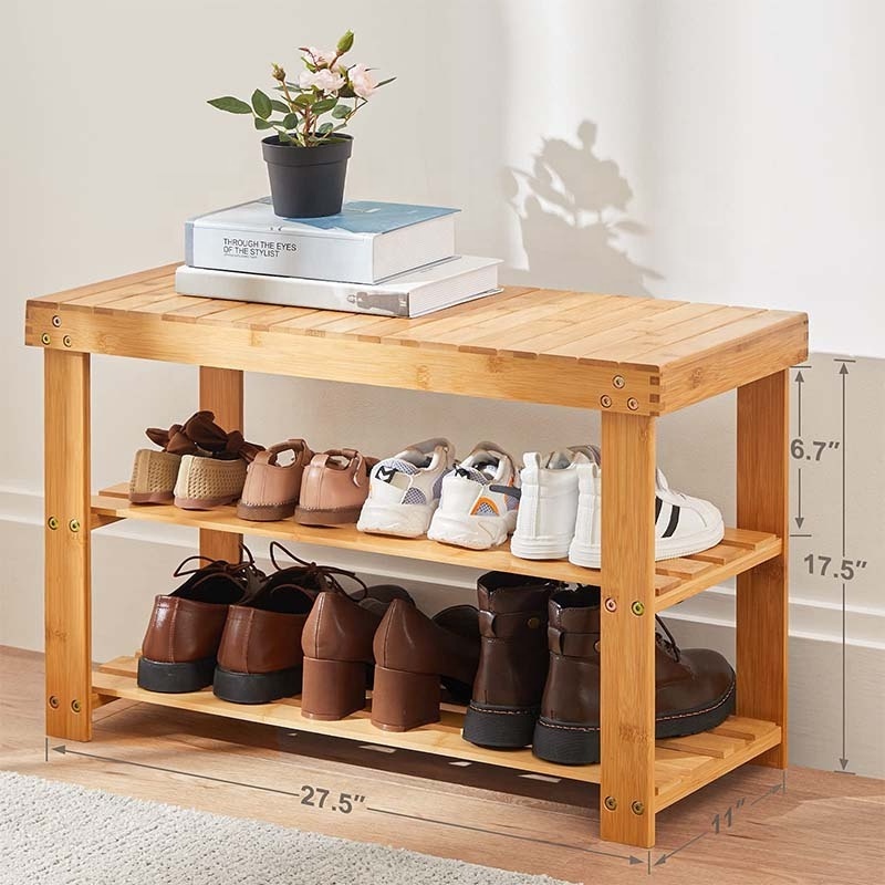 Bamboo Foldable Shoes Storage Shelf Cabinet Rack Bench 3 Tiers Natural Bamboo Shoe Rack