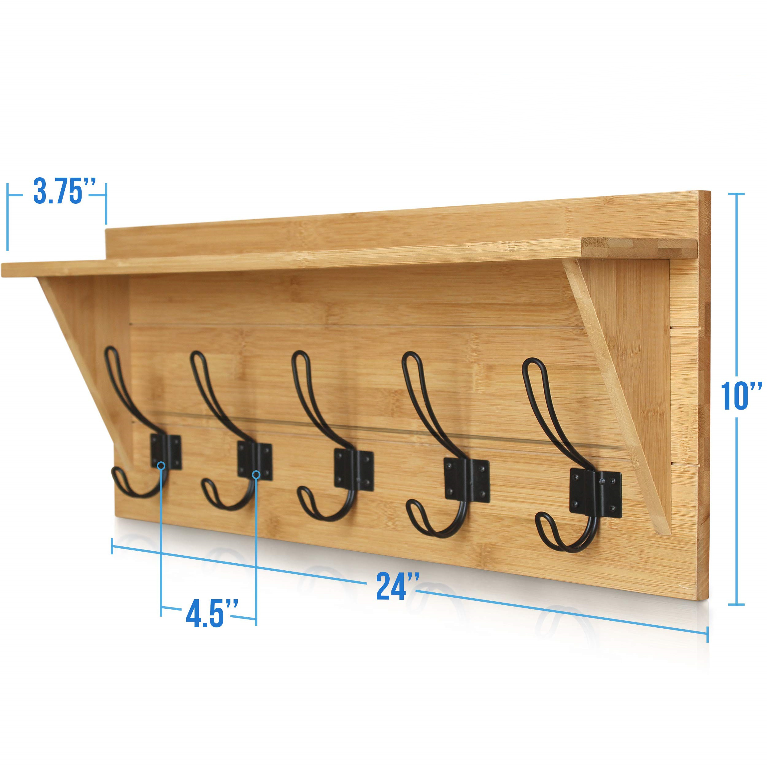 Bamboo Wall Mounted Coat Rack with Shelf Wooden Entryway Shelf with 5 Hooks