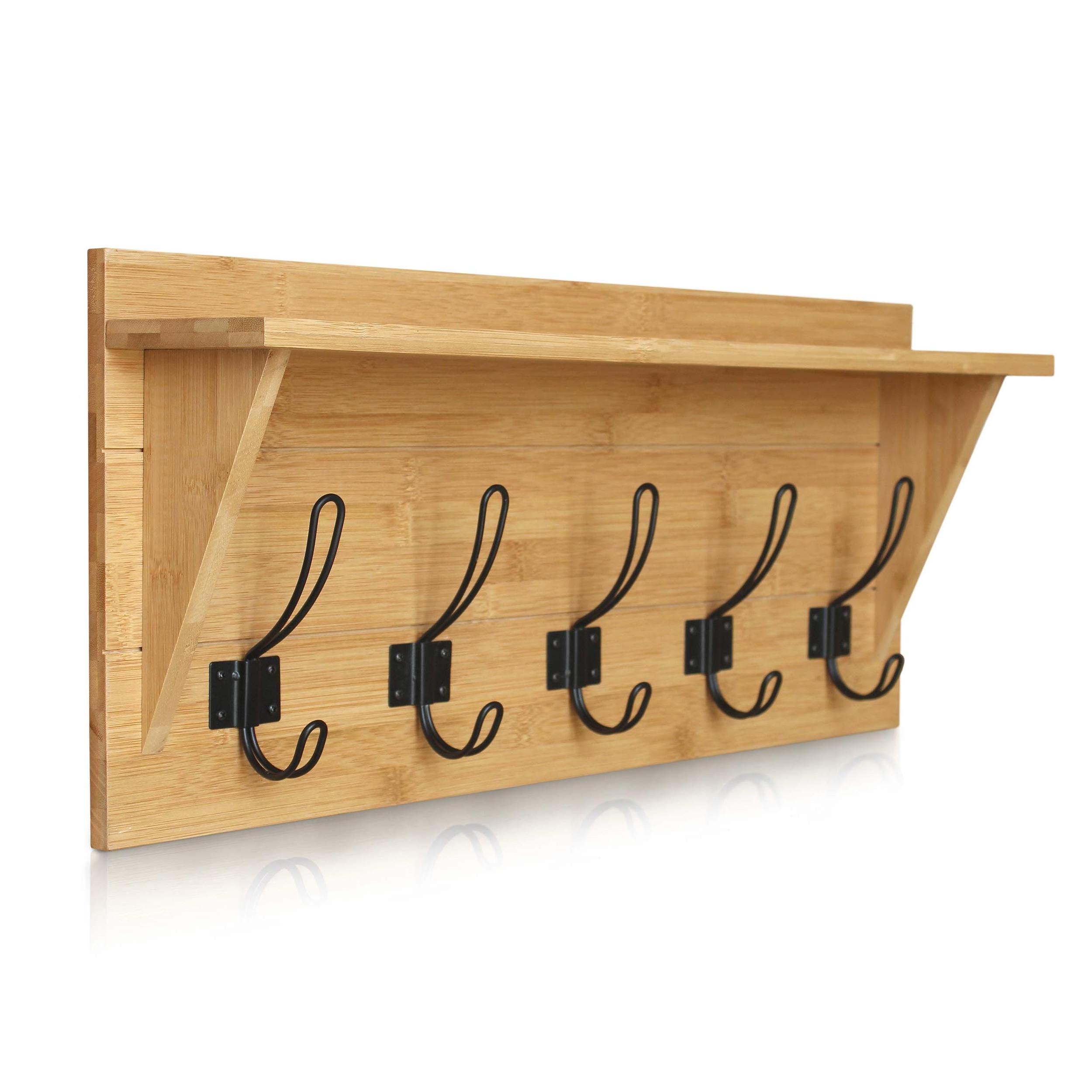 Bamboo Wall Mounted Coat Rack with Shelf Wooden Entryway Shelf with 5 Hooks