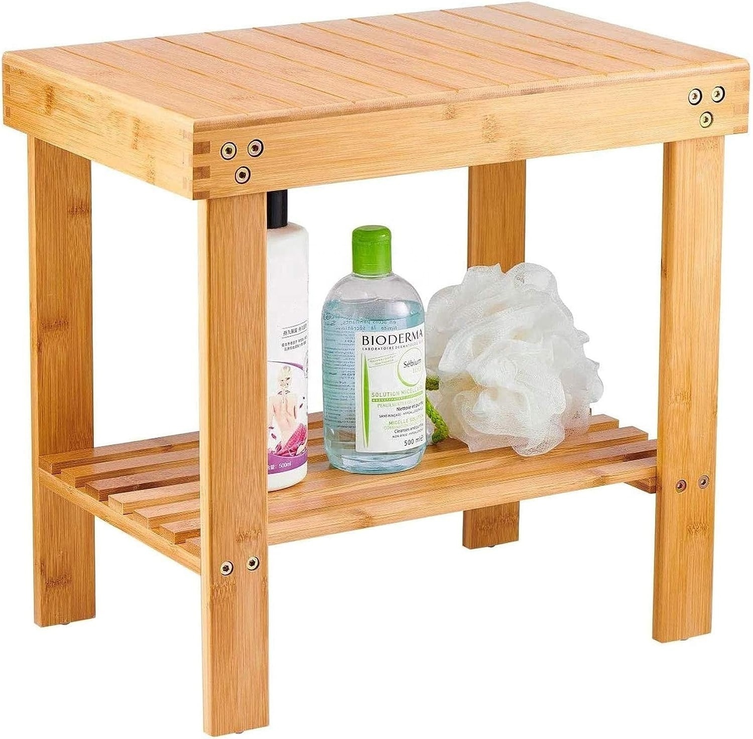 Non-Slip Feets Storage Shelf for Shampoo Towel Bamboo Spa Bench Wood Seat Stool Foot Rest Shaving Stool