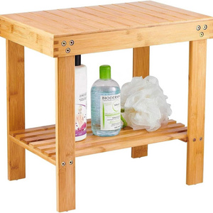 Non-Slip Feets Storage Shelf for Shampoo Towel Bamboo Spa Bench Wood Seat Stool Foot Rest Shaving Stool