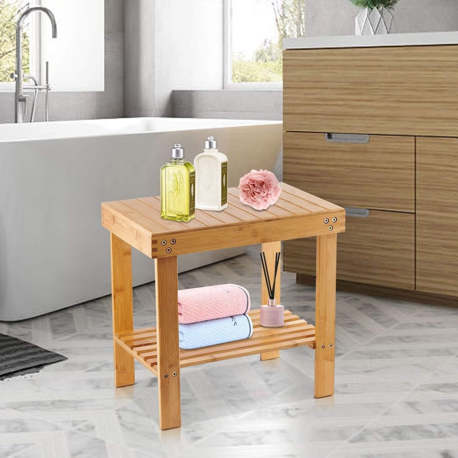 Non-Slip Feets Storage Shelf for Shampoo Towel Bamboo Spa Bench Wood Seat Stool Foot Rest Shaving Stool