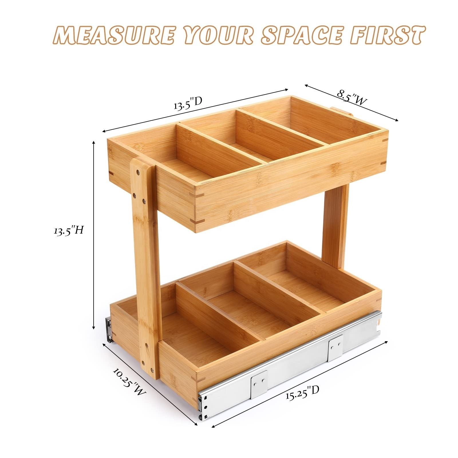 Slide Out Spice Rack Container Lid Organize Cabinet Shelf Bamboo Wood Storage Drawer 2-Tier Sliding Under Sink Organizer