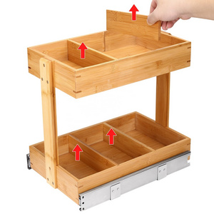 Slide Out Spice Rack Container Lid Organize Cabinet Shelf Bamboo Wood Storage Drawer 2-Tier Sliding Under Sink Organizer