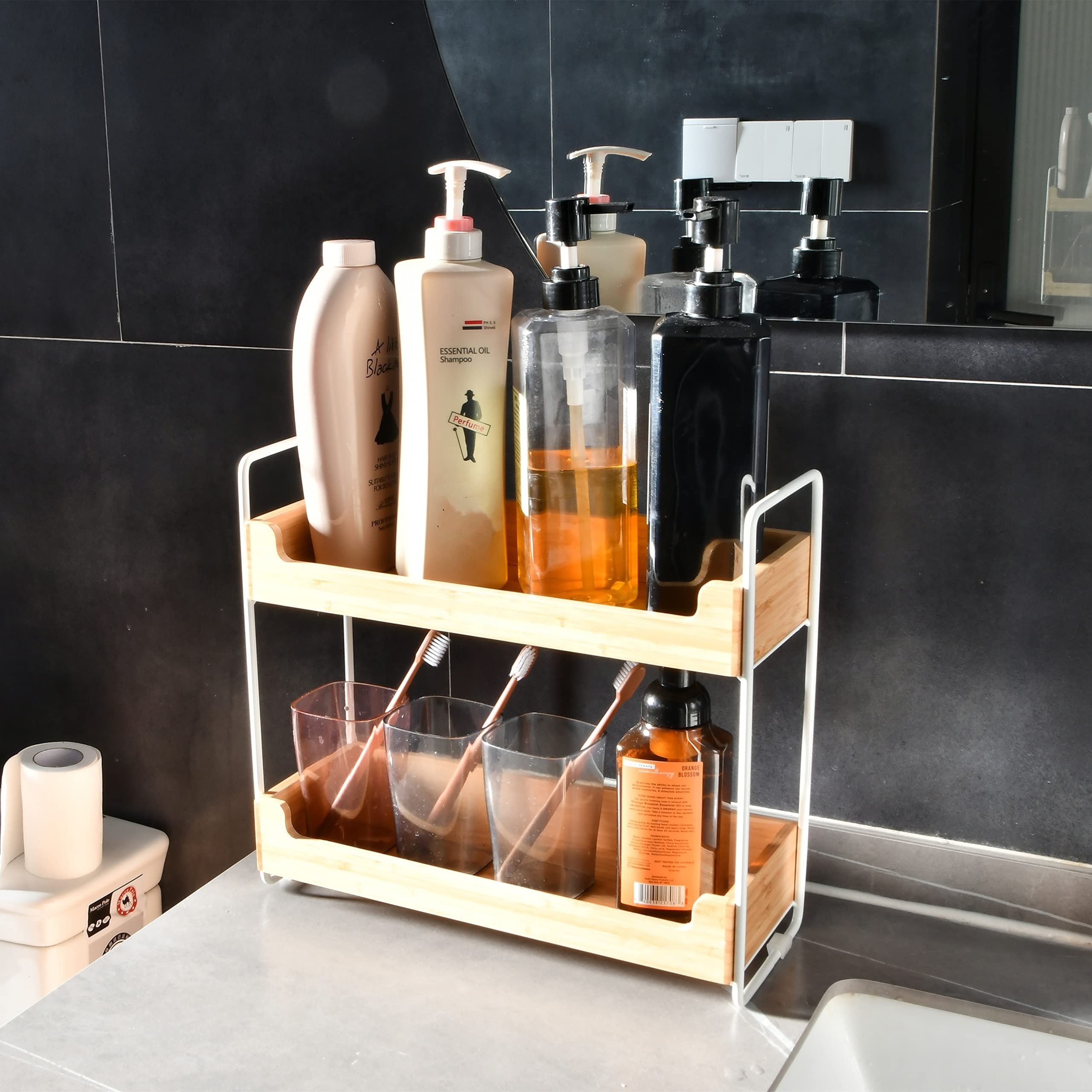 Bamboo Bathroom Organizer Countertop 2 Tier Bathroom Storage Shelf Tray Countertop Storage Organizer