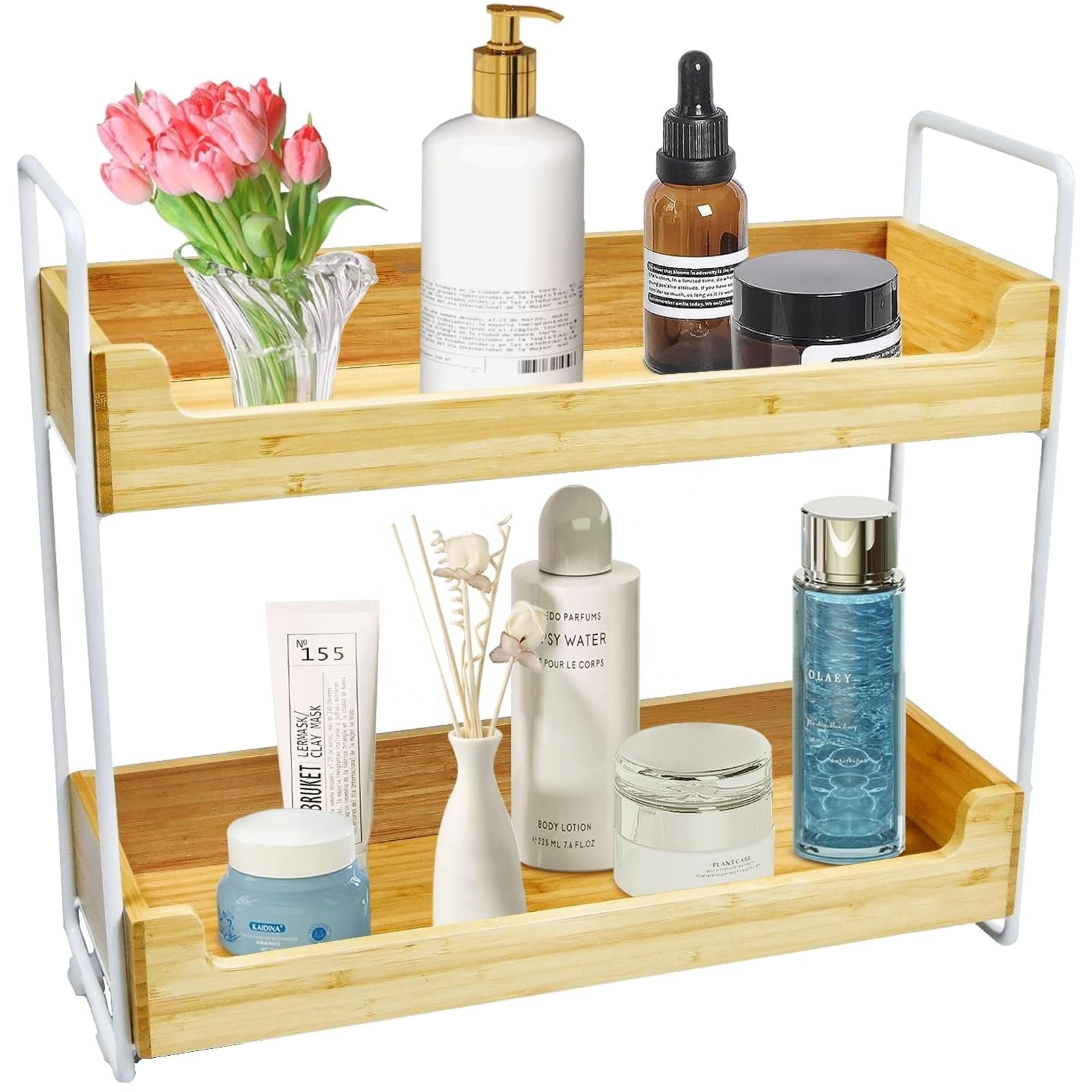 Bamboo Bathroom Organizer Countertop 2 Tier Bathroom Storage Shelf Tray Countertop Storage Organizer