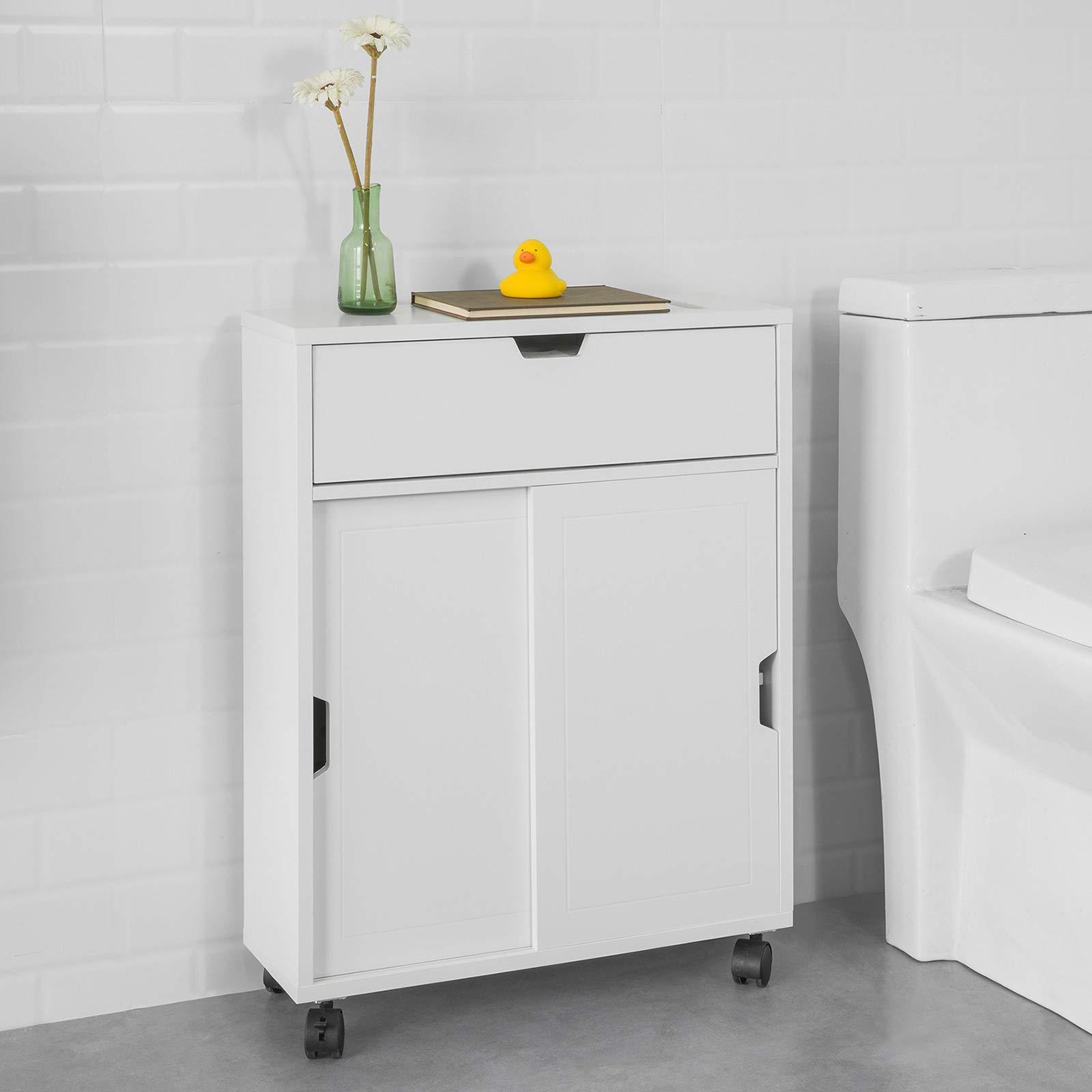 Bathroom Storage Cabinet on wheels White Toilet Paper Roll Holder Sundries Storage Cabinet Mobile Cabinet Paper Storage