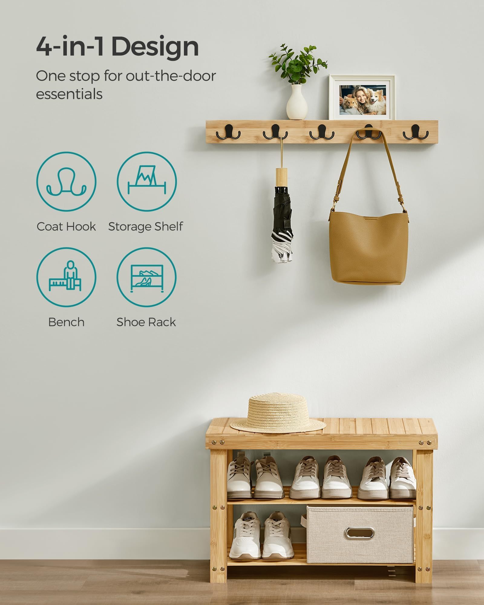 Bamboo Coat Rack Shoe Bench Set Entryway Shoe Rack Bench with Coat Hooks Hat Bag Hanging Organizer Shoes Organizer Shelf  3 in 1