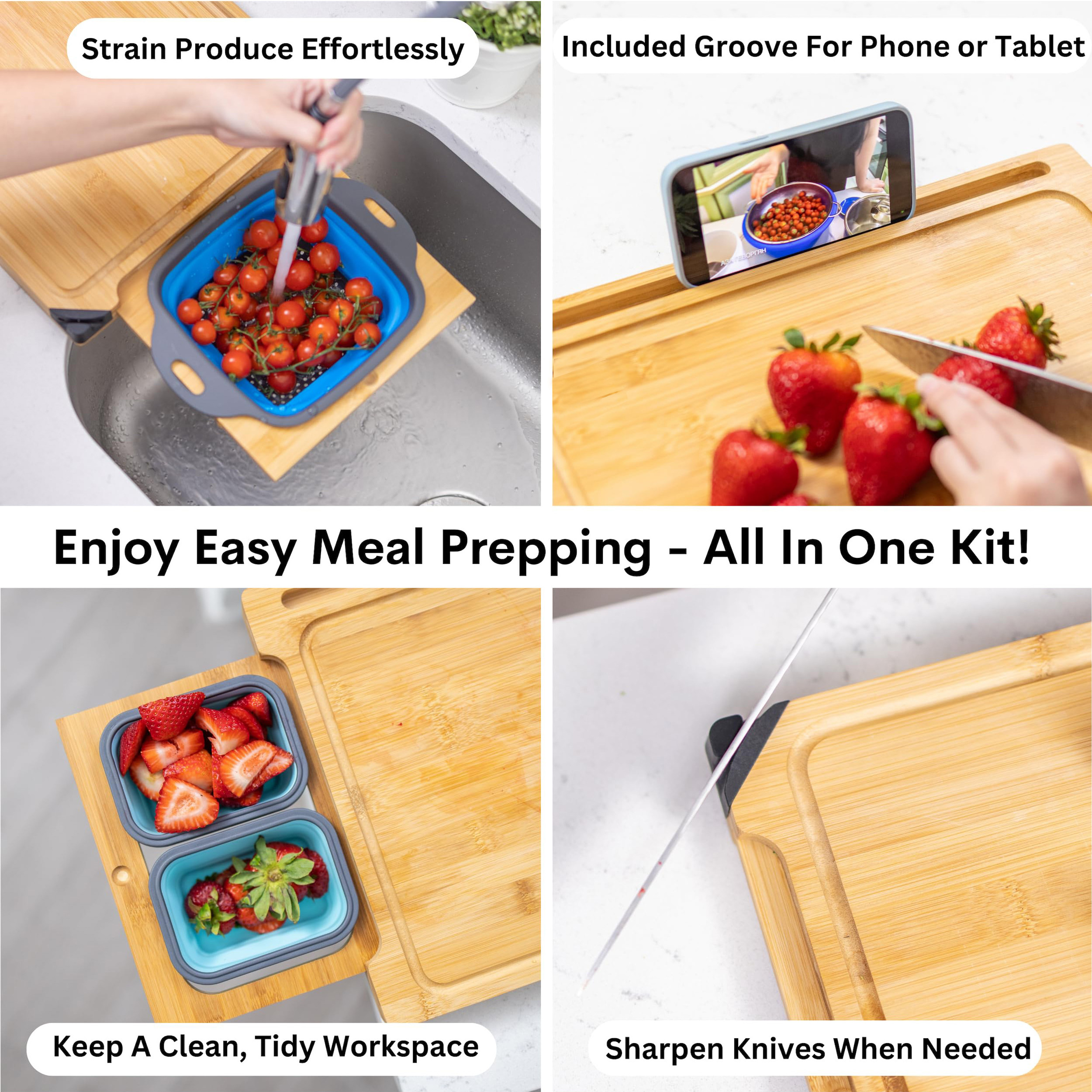 Bamboo Expandable Over The Sink Hanging Cutting Board Kitchen Serving Tray Large Meal Prep Station With Containers