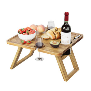 Acacia Wood Foldable Portable Beach Table  Bamboo Wine Picnic Table Outdoor Snack Cheese Tray Desk with Glass Holders