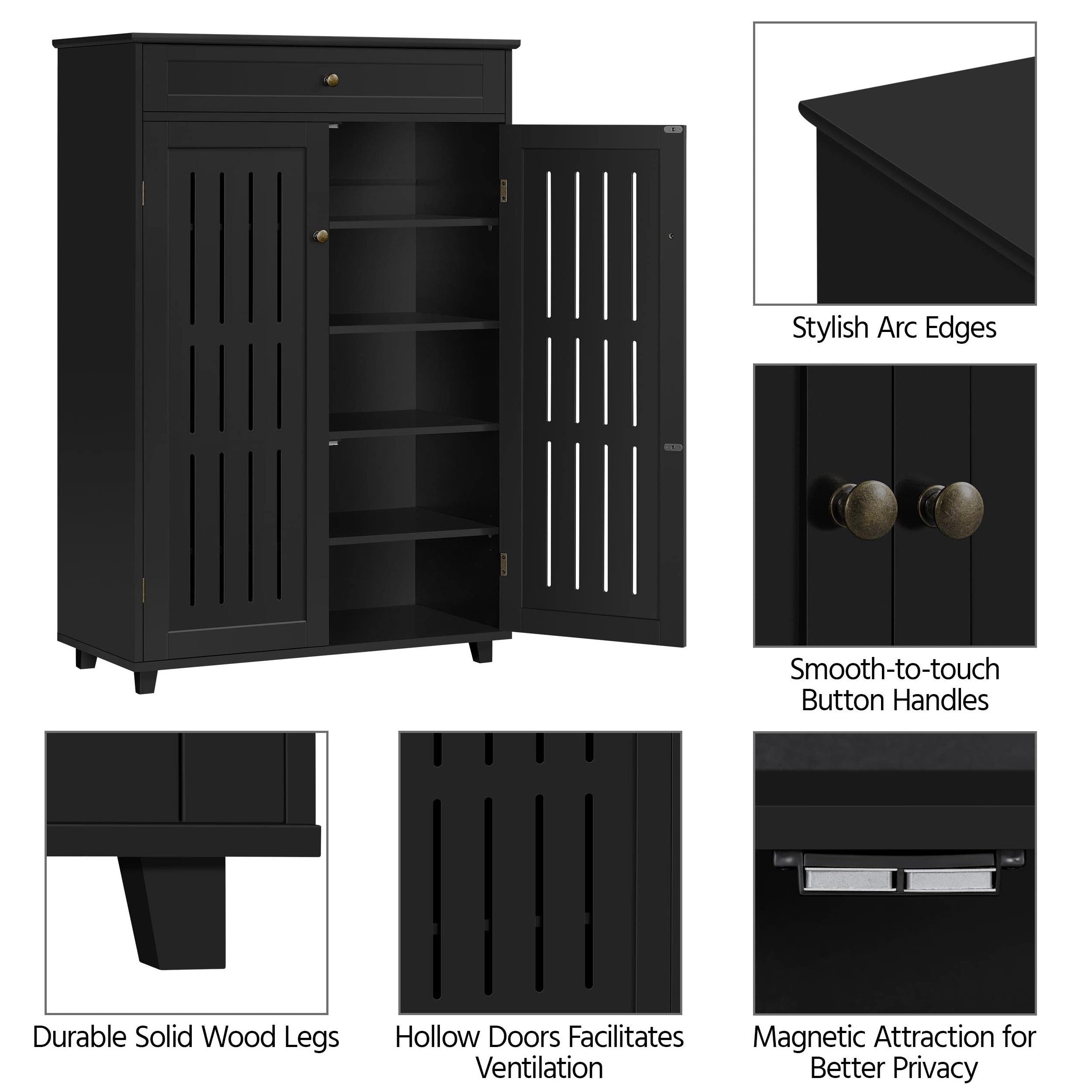 Black Finish Wooden Shoe Storage Cabinet with Double Door and Drawer for Keys Belts Shopping Cards Collection Entryway Organizer