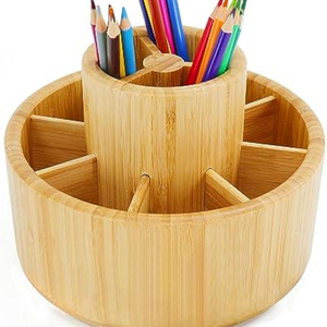 Bamboo Rotating Pencil Holder Desktop Storage Caddy for Pen Round Rotating Art Supply Organizer Desktop Pen Holder Organizer