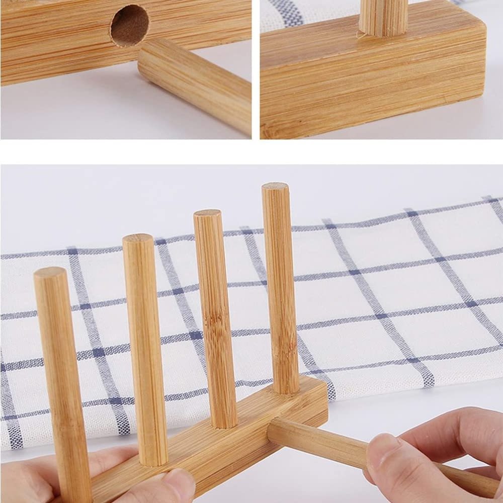 Bamboo Wooden Plate Racks Dish Stand Holder Drying Drainer Storage Holder Kitchen Cabinet Organizer for Bowl, Cup, Cutting Board