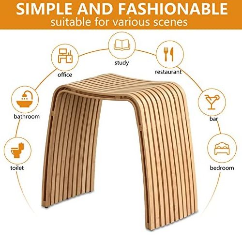 Curved Bamboo Shower Bench for Bathroom Natural Color Sturdy Waterproof Shower Stool Modern Style Home Shoe Change Bench