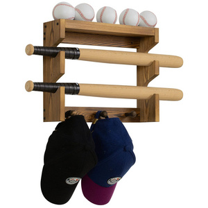 Wood Wall Mounted Baseball Hat Bat Rack and Ball Holder with Cap Hooks