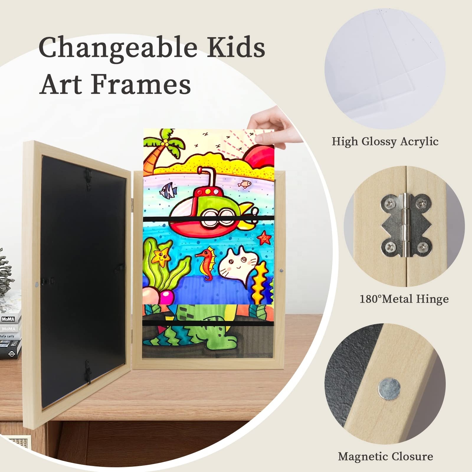 Kids Art Frame, Wooden Front Opening Changeable Children Artwork Display Storage Frames Wall A4 Drawing Frames Home Decor