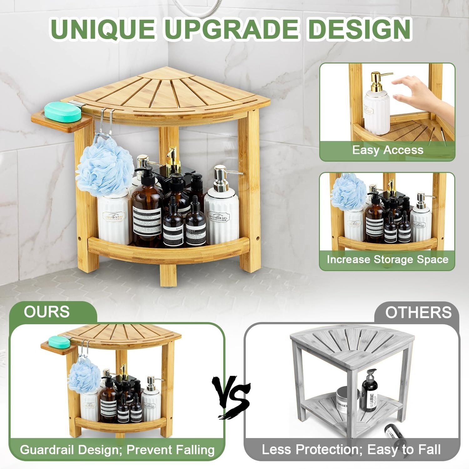 Bamboo Corner Shower Stool for Shaving Legs Foot Rest Waterproof Bath Bench Seat with Storage Shelf and Soap Dish