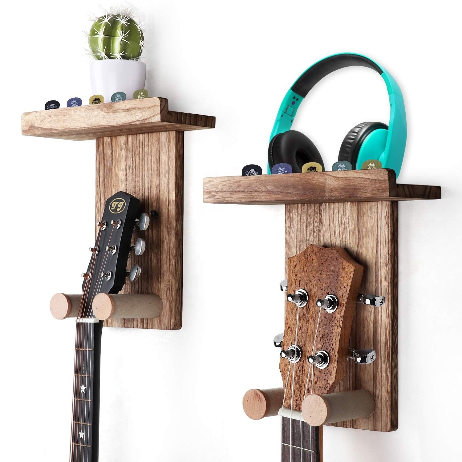 Guitar Wall Hanger Holder Guitar Hanger Shelf with Pick Holder Wood Guitar Rack