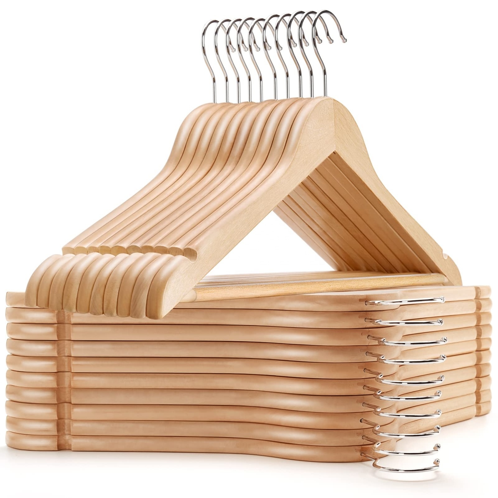 Wholesale Wooden Clothes Hangers with Non Slip Pant Bar 360 Swivel Hook 30 Pack Custom Logo for Shirts Jackets Pant Dress Coat