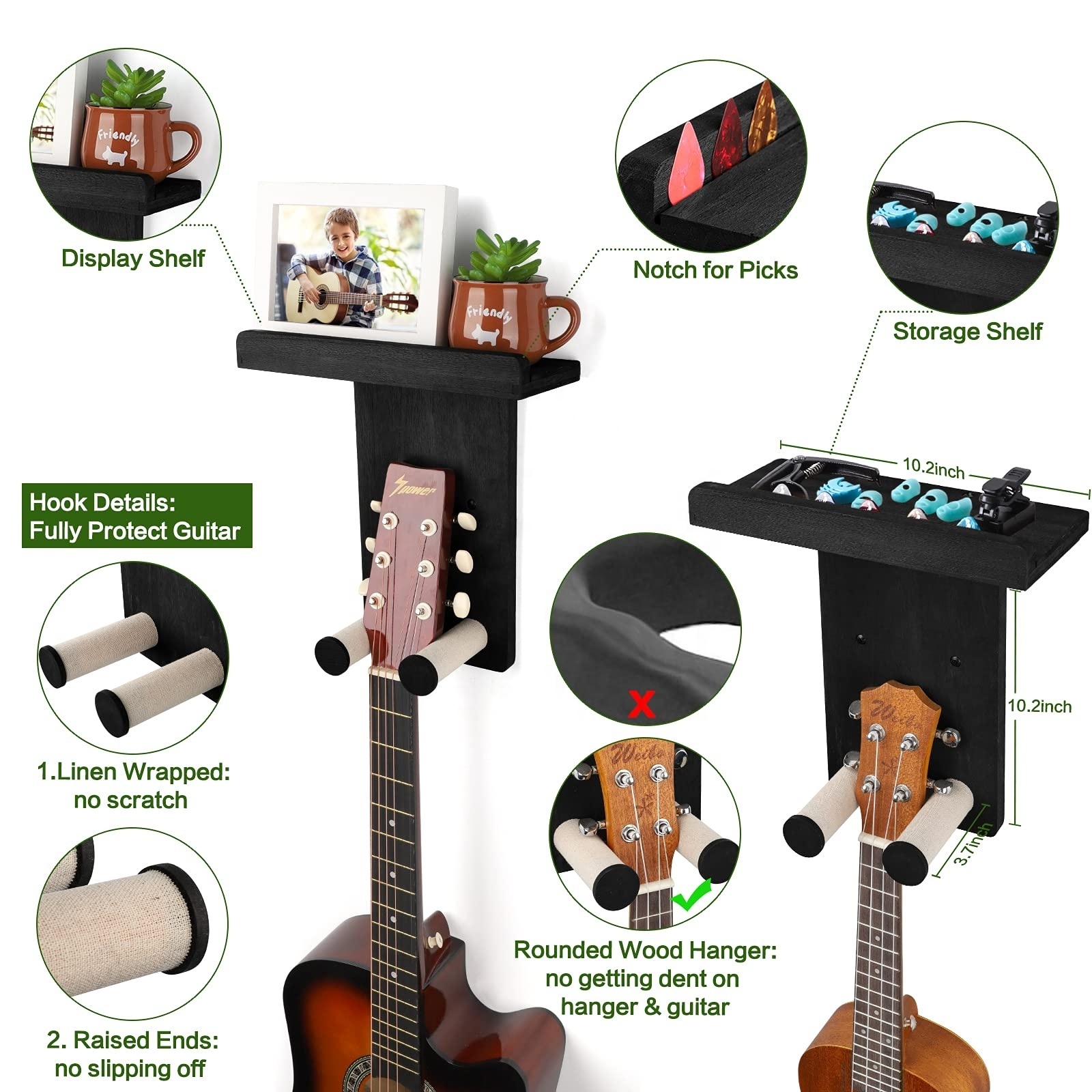 Guitar Wall Hanger Holder Guitar Hanger Shelf with Pick Holder Wood Guitar Rack