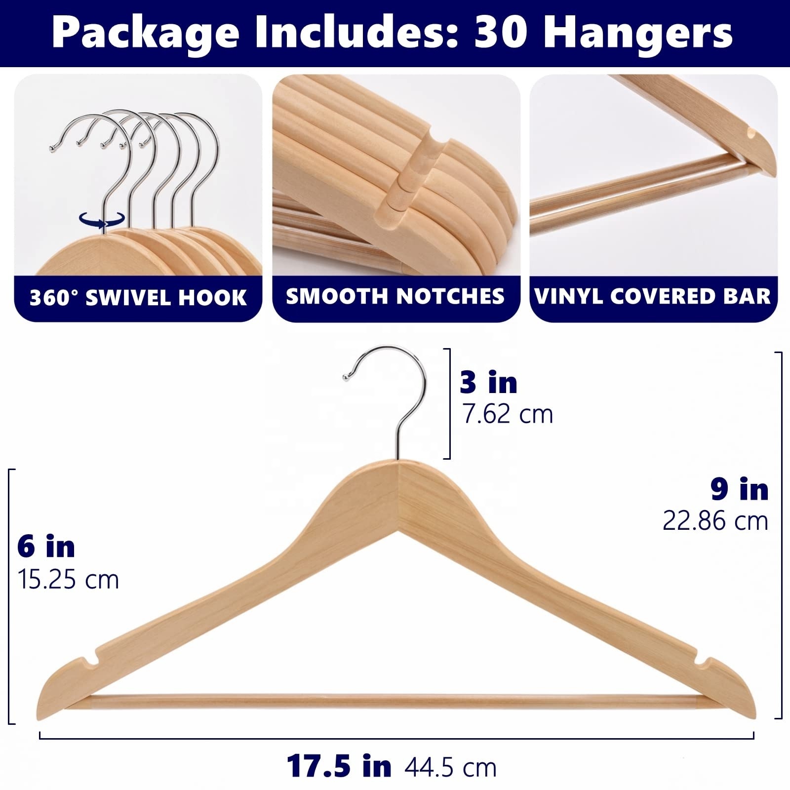 Wholesale Wooden Clothes Hangers with Non Slip Pant Bar 360 Swivel Hook 30 Pack Custom Logo for Shirts Jackets Pant Dress Coat