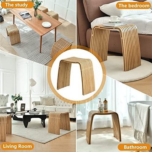 Curved Bamboo Shower Bench for Bathroom Natural Color Sturdy Waterproof Shower Stool Modern Style Home Shoe Change Bench