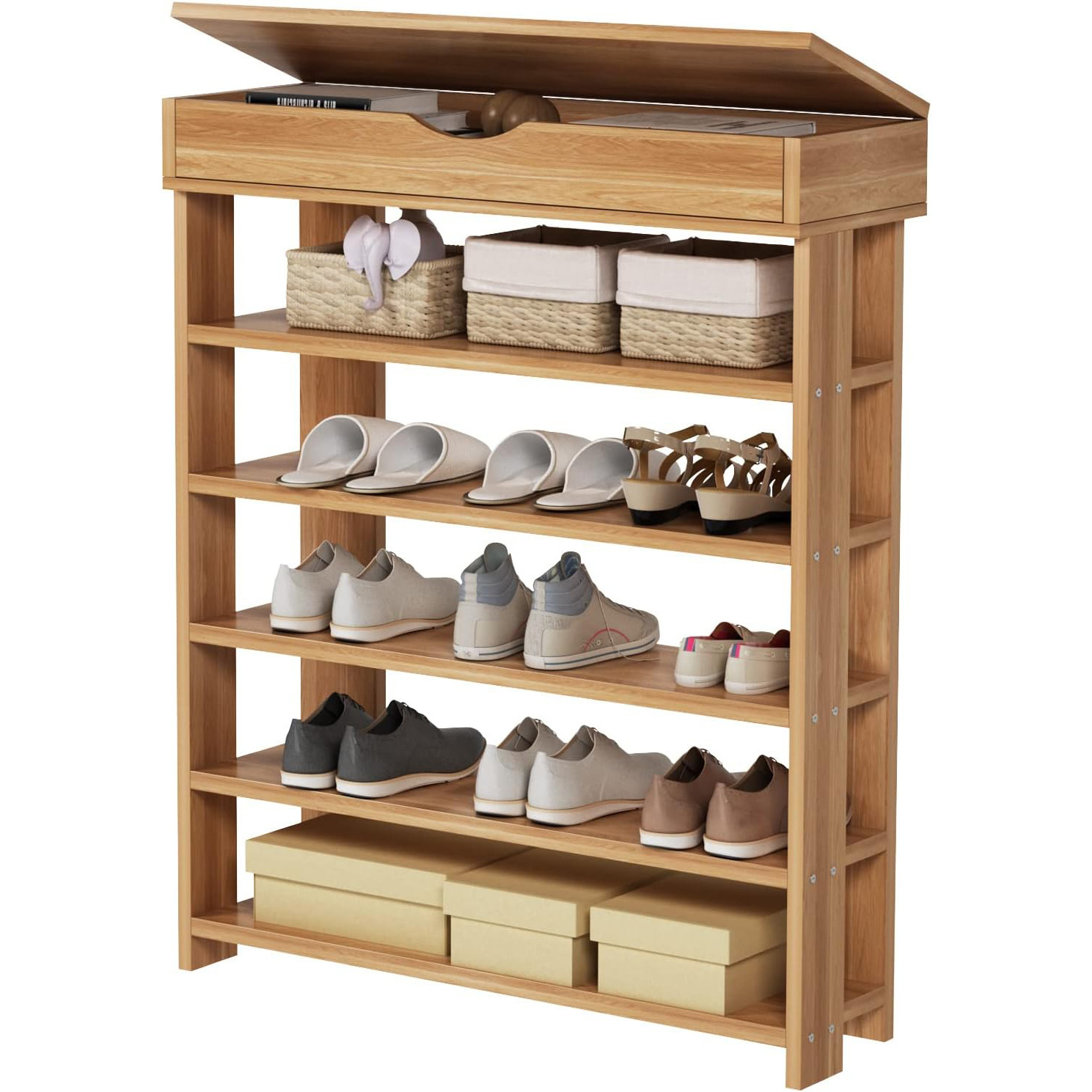 Wooden Shoe Rack with Storage Compartment 5 Tier Shoe Storage Organizer with Wooden Tabletop Shoe Rack Organizer for Entryway