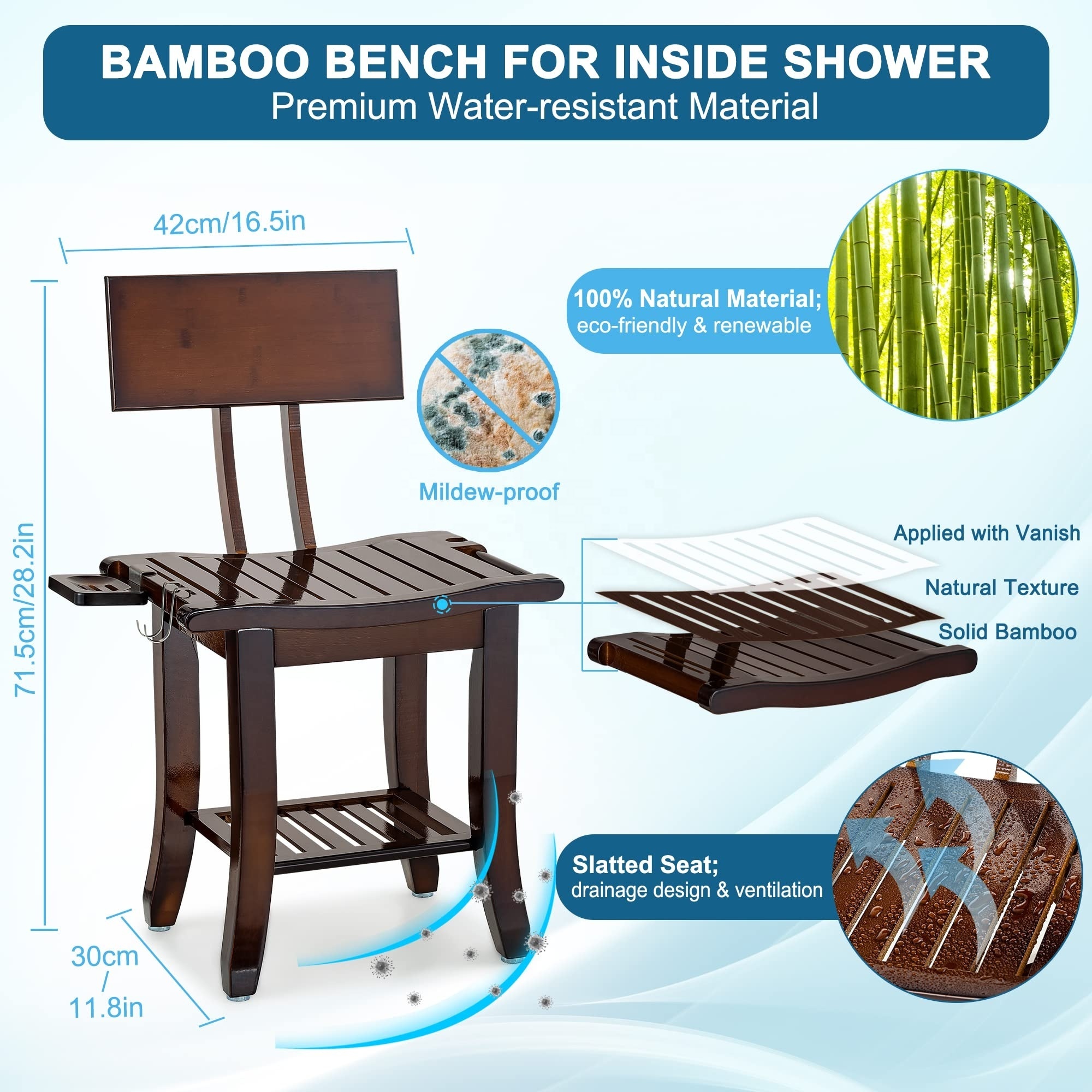 Bamboo Shower Bench with Back and Soap Dish 2-Tier Shower Chair Bath Seat with Handle for Bathroom Bathtub Elderly Disabled