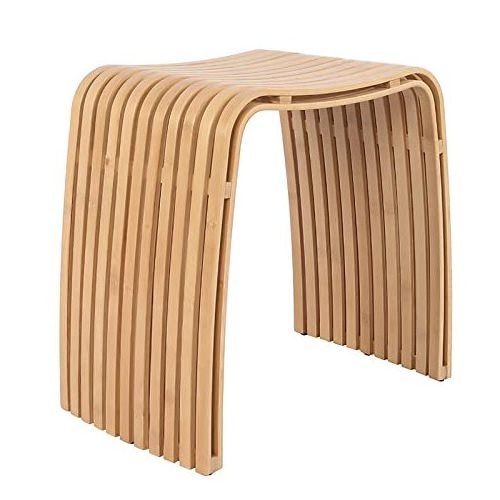 Curved Bamboo Shower Bench for Bathroom Natural Color Sturdy Waterproof Shower Stool Modern Style Home Shoe Change Bench