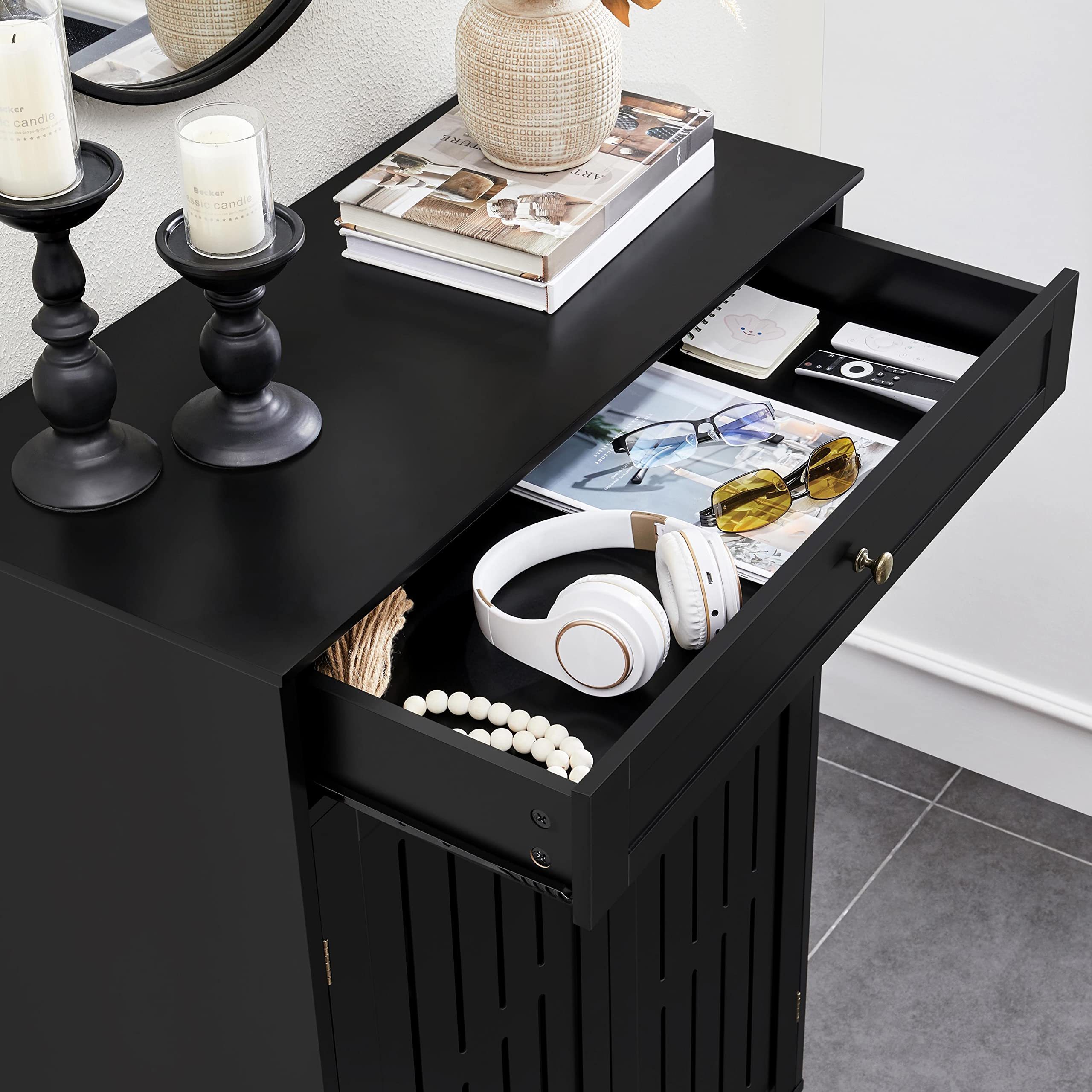 Black Finish Wooden Shoe Storage Cabinet with Double Door and Drawer for Keys Belts Shopping Cards Collection Entryway Organizer