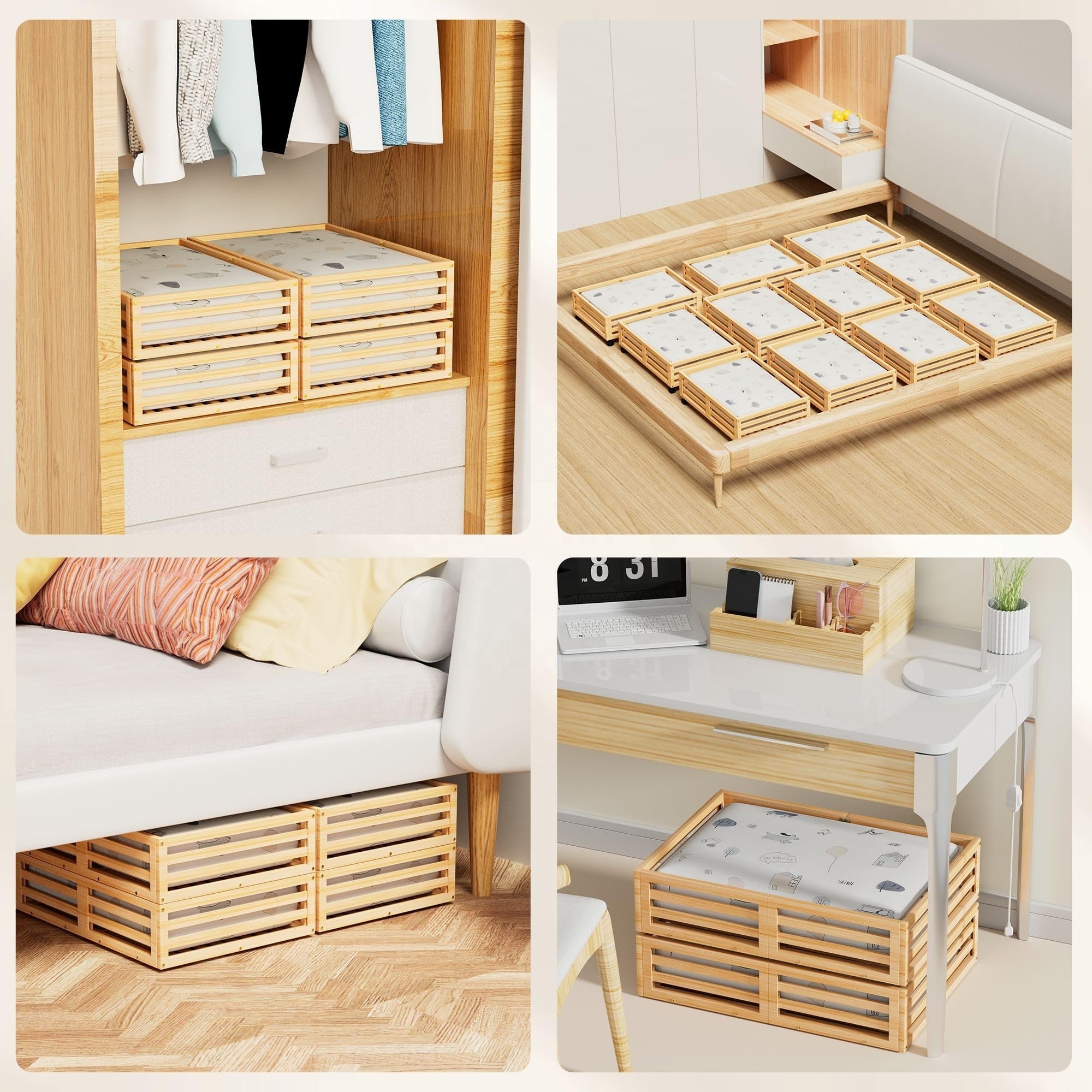 Bamboo Under Bed Storage Containers Underbed Organizer with Wheels with Large Dust Bag Sturdy Wood Rolling Under the Bed