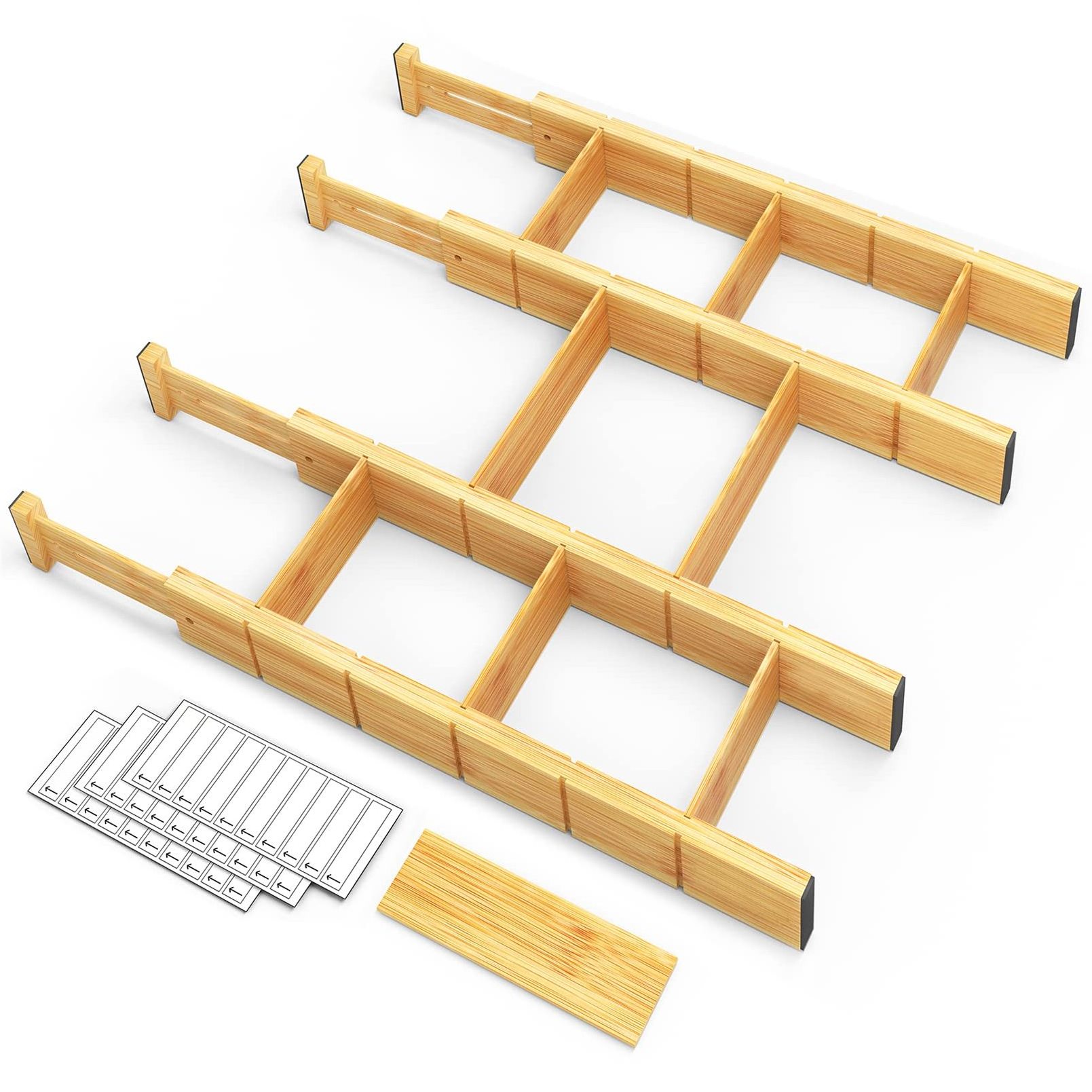 Bamboo Wood Drawer Dividers with Inserts and Labels for Large Utensil Clothes Tools Drawers Kitchen Adjustable Drawer Organizers