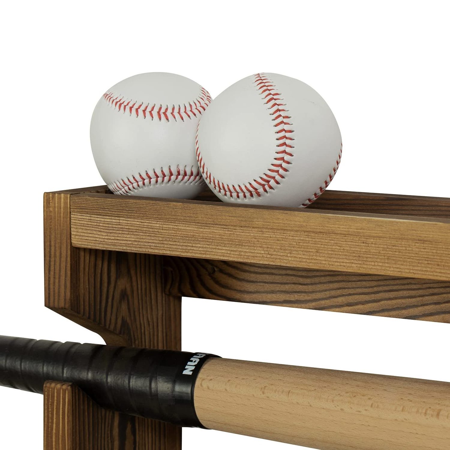 Wood Wall Mounted Baseball Hat Bat Rack and Ball Holder with Cap Hooks