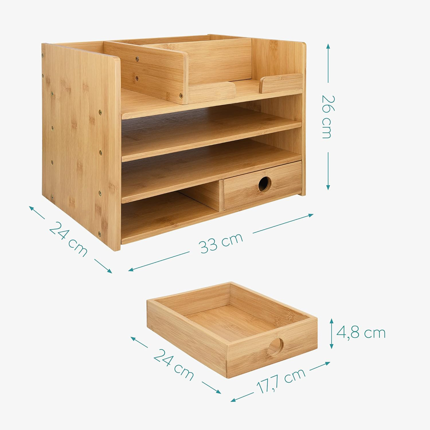 Multi-Level Bamboo File Organizer Paper Sorter Station Desktop Storage Shelf with Drawers for Home and Office Letters Documents