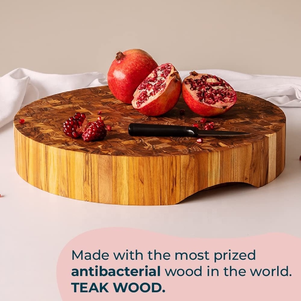 Extra Large Round End Grain Butcher Block Cutting Board Thick Teak Wood Conditioned with Beeswax Flaxseed & Lemon Oil