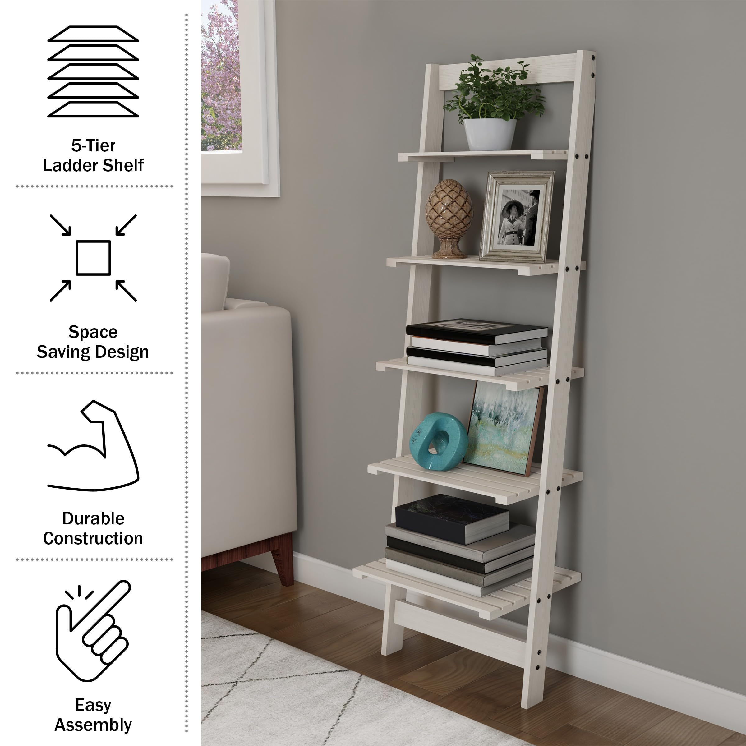 Premium Wood Leaning Ladder 5-Tier Bookshelf Sturdy Construction Space Saving Lightweight for Bedroom Living Room Kitchen Decor