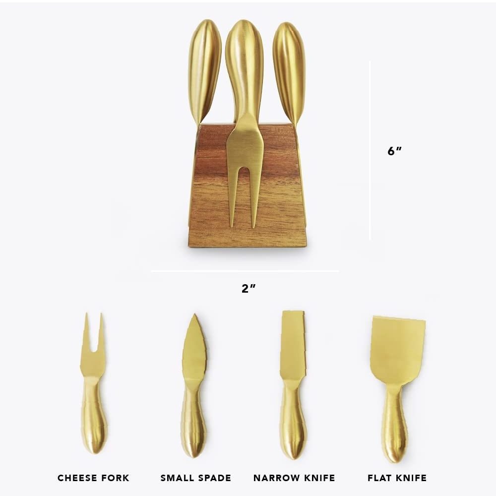 Magnetic Acacia Wood Modern Cheese Knives Holder Block with 4 Utensils Rest Small Stainless Steel Knives and Fork Custom Logo