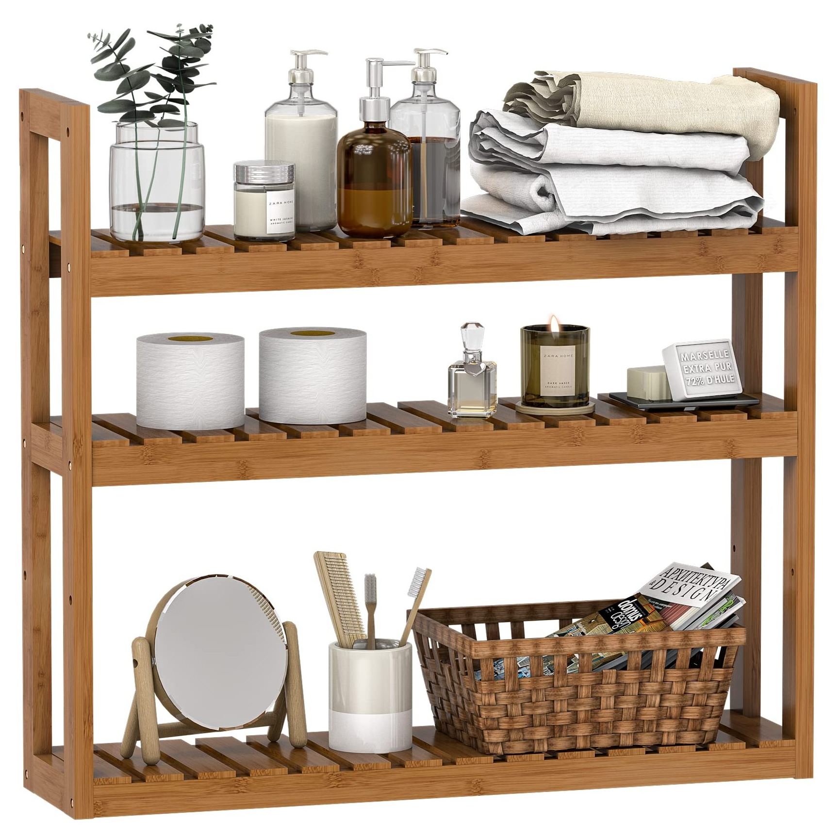 Bamboo 3 Tier Storage Shelf with Adjustable Wall Hanging Mounted Shelf Rack Bathroom Kitchen Wood Shelf Organizer