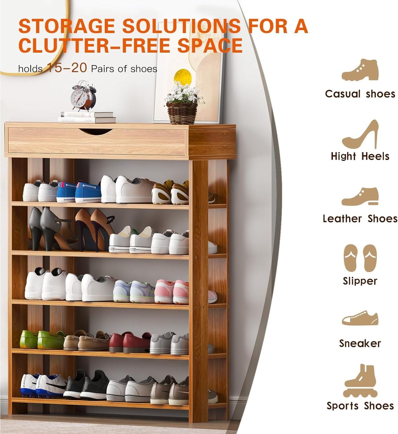 Wooden Shoe Rack with Storage Compartment 5 Tier Shoe Storage Organizer with Wooden Tabletop Shoe Rack Organizer for Entryway