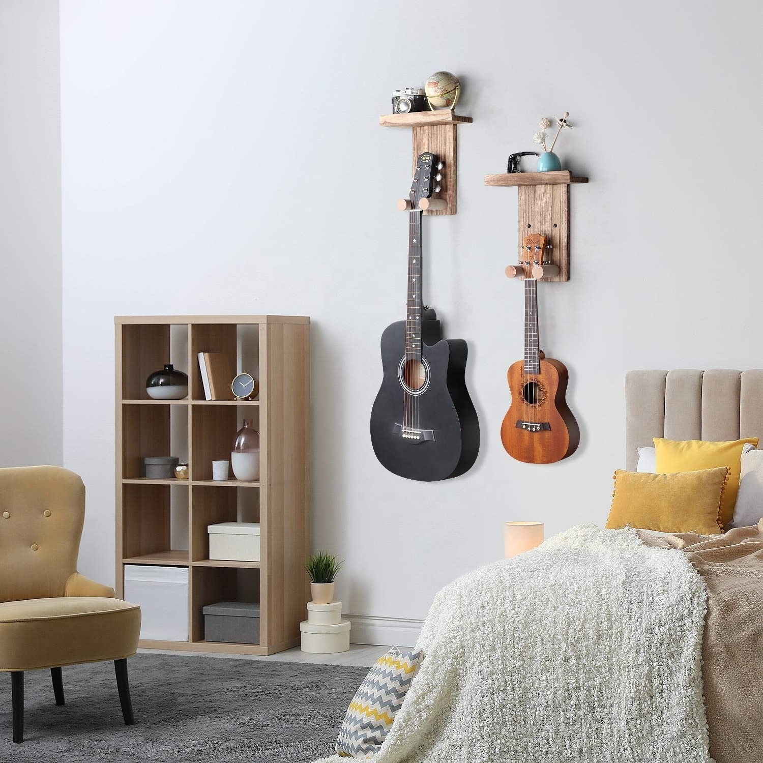 Guitar Wall Hanger Holder Guitar Hanger Shelf with Pick Holder Wood Guitar Rack