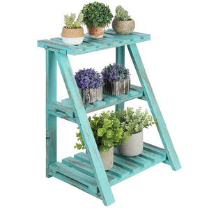 Wooden Blue Three Tier Plant Stand Medieval Style Free Standing Plant Display Stand Balcony Garden Decorative Shelf