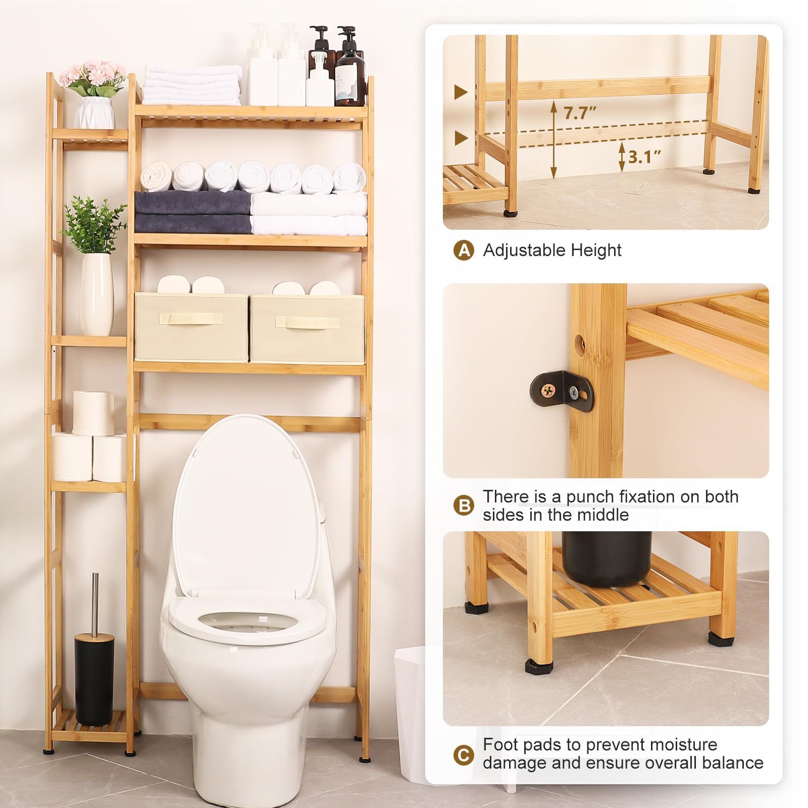 Bamboo Bathroom Storage Shelf Extra Large 3 Tier Over Toilet Organizer Rack with Adjustable Shelf Above Toilet Rack for Bathroom