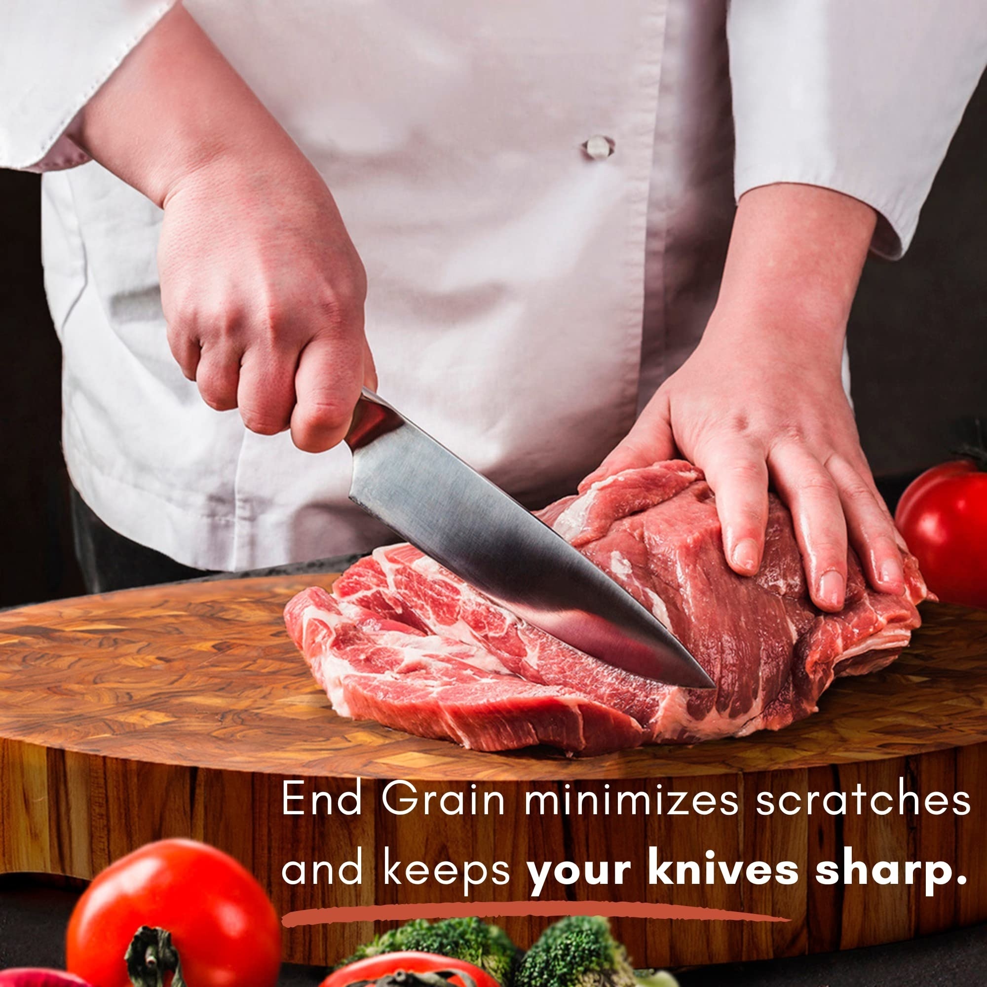 Extra Large Round End Grain Butcher Block Cutting Board Thick Teak Wood Conditioned with Beeswax Flaxseed & Lemon Oil