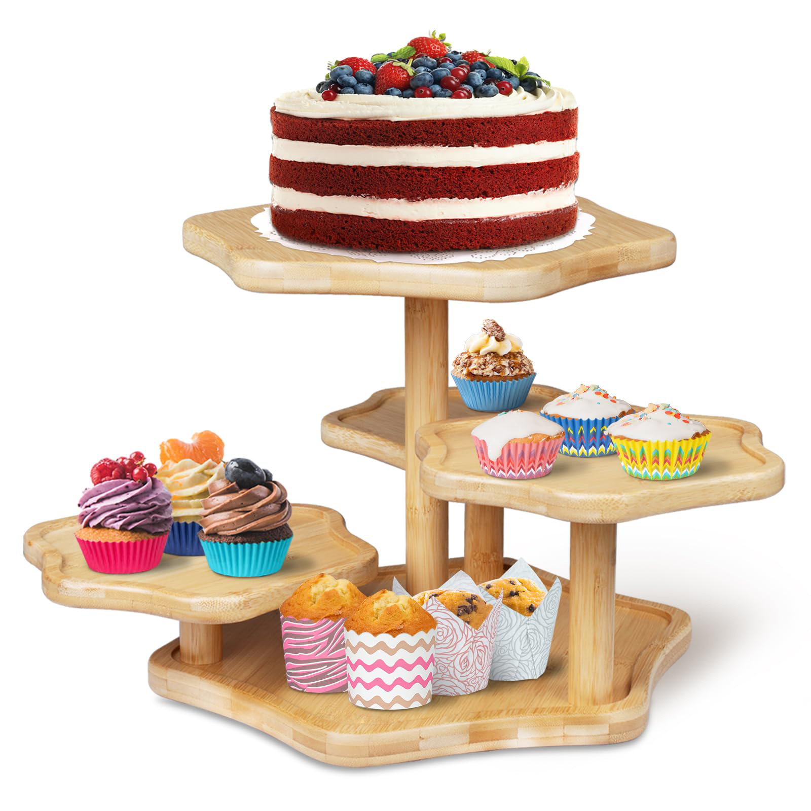 Bamboo Cupcake Tower Stand 5 Tier Cupcake Holder Stylish Tray Decor Dessert Display for Party Wedding Birthday Tiered Cake Stand