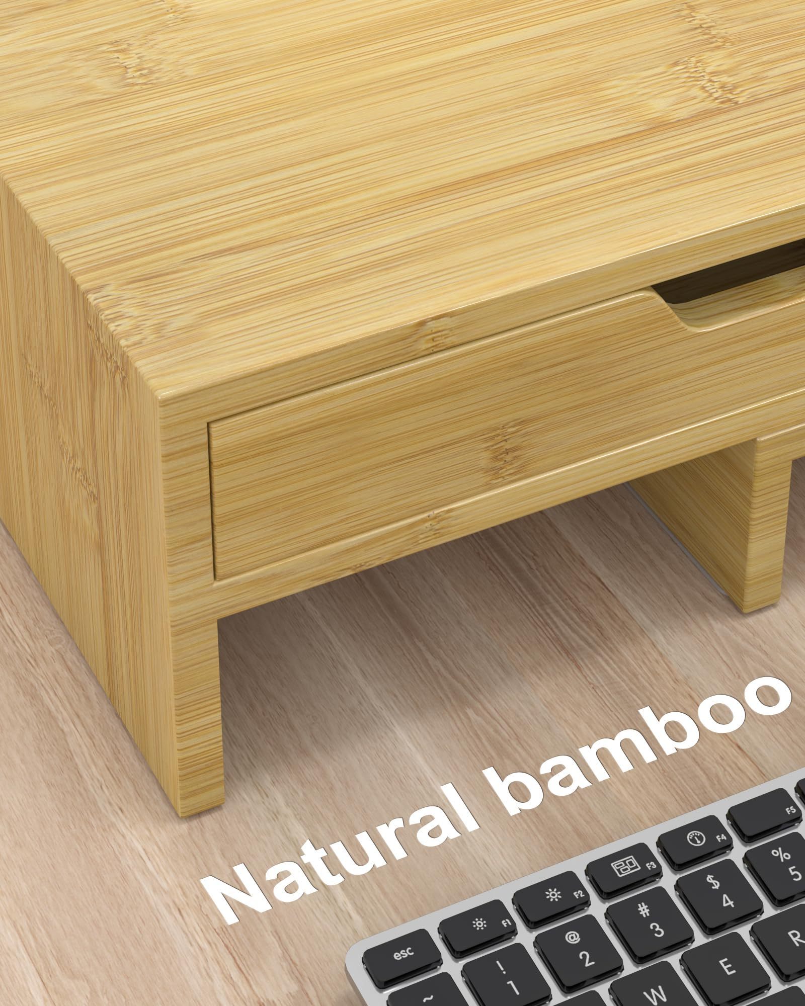 2 Tier Bamboo Dual Monitor Stand Riser Monitor Stand with 2 Drawers for Desk Table Organizer Computer Office Desktop Organizer