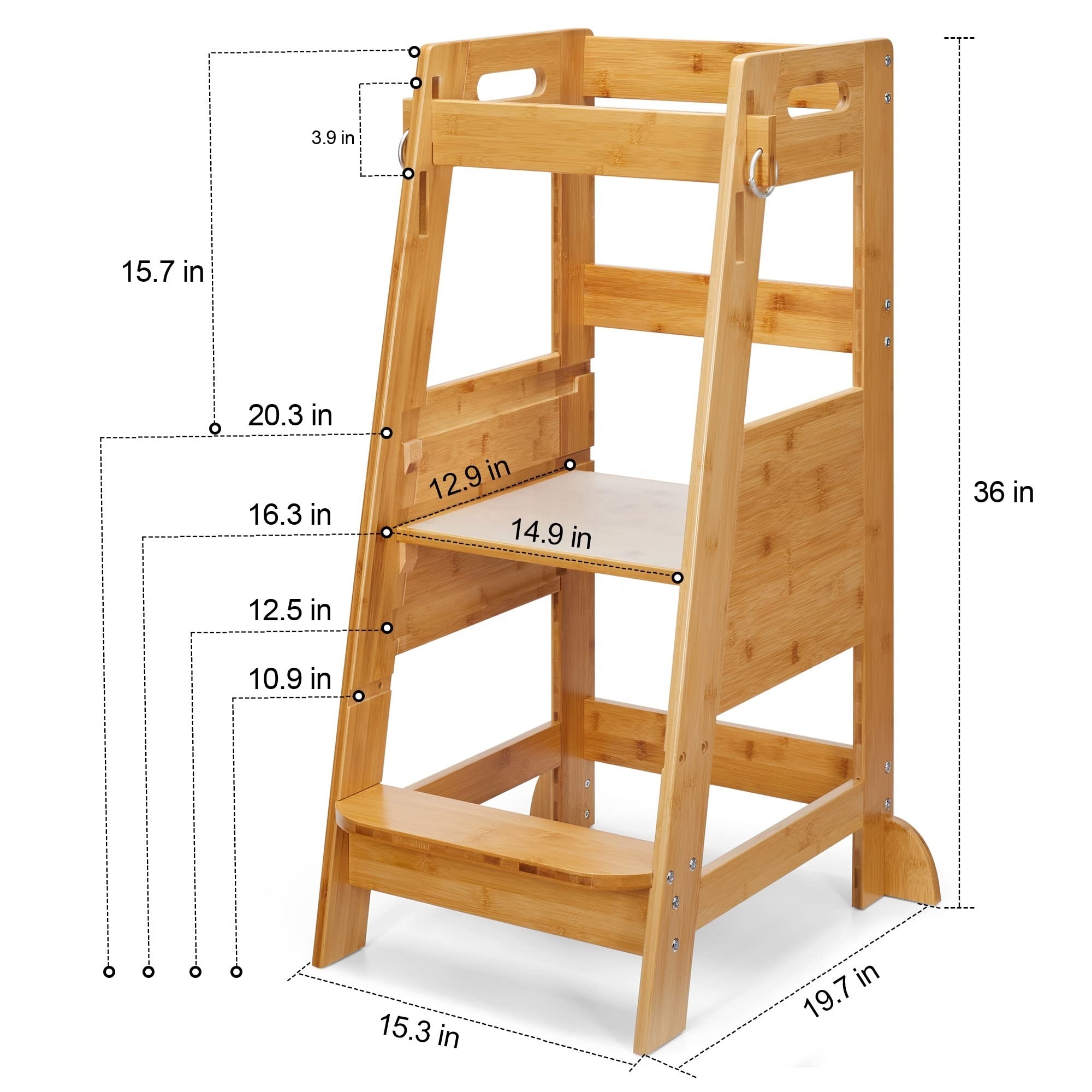 Bamboo Toddler Step Stool for Kitchen Helper Standing Learning Tower for Kids with Anti-fit Feet Cut-out Handles Non-Slip Mat