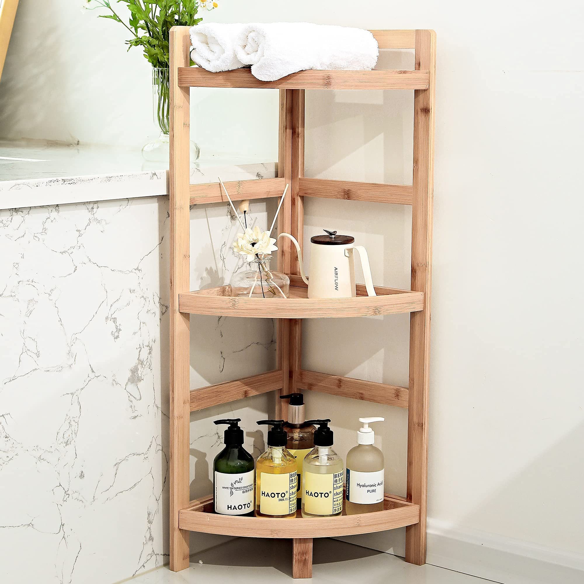 Three tier bamboo kitchen bathroom corner shelf bamboo shower storage stand shelves wooden living room organizer