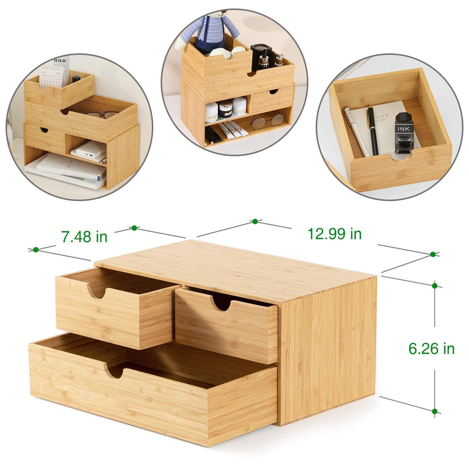 Tray Holder Desk Accessories with US Letter Paper Size Drawers 3-Tier Bamboo Desktop Organizer