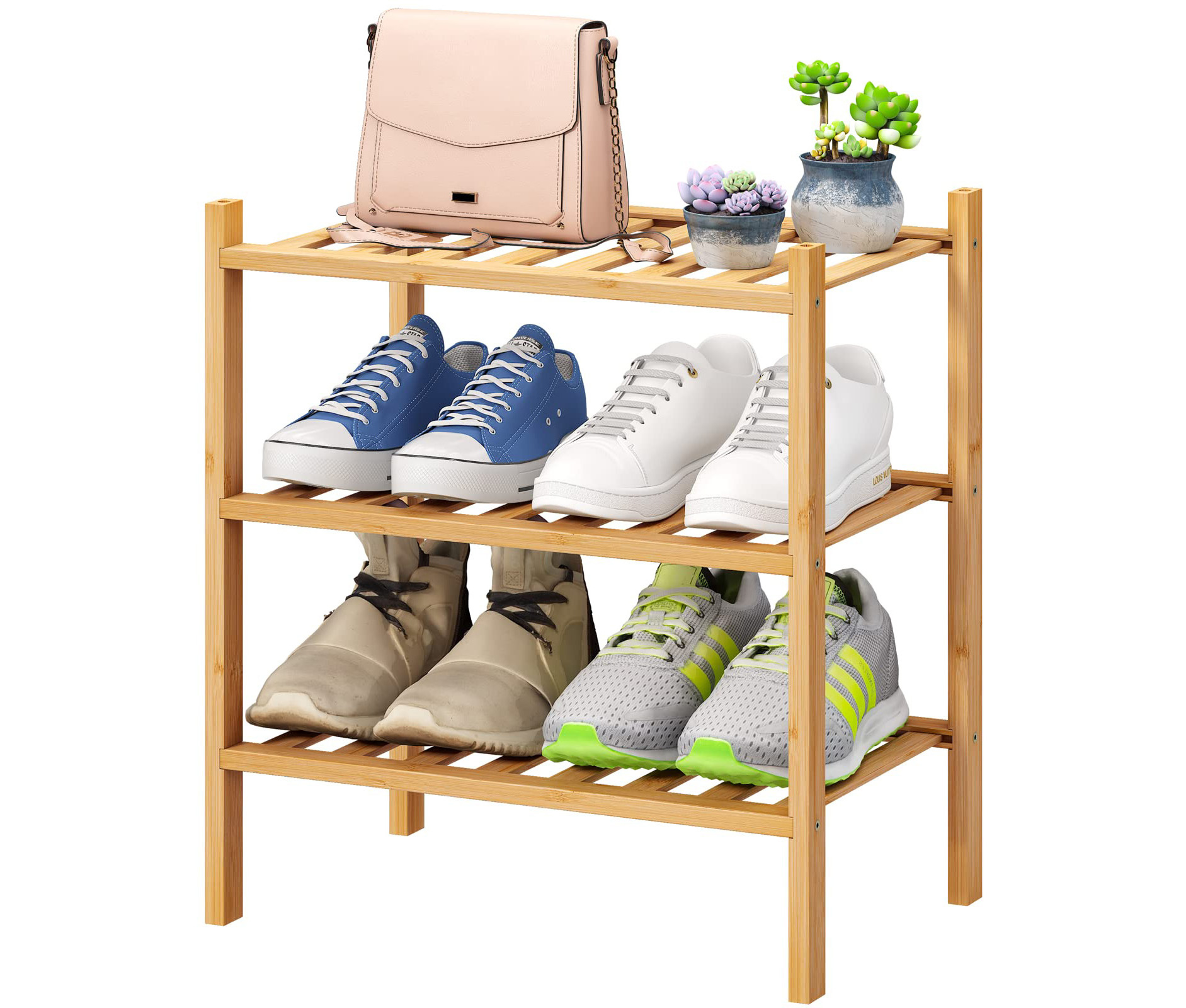 Bamboo Stackable Shoes Storage Organizer Free Standing Shelf Entryway and Closet Hallway 3-Tier Shoe Display Rack for Closet