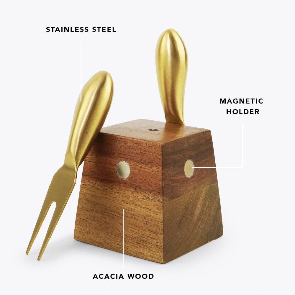 Magnetic Acacia Wood Modern Cheese Knives Holder Block with 4 Utensils Rest Small Stainless Steel Knives and Fork Custom Logo